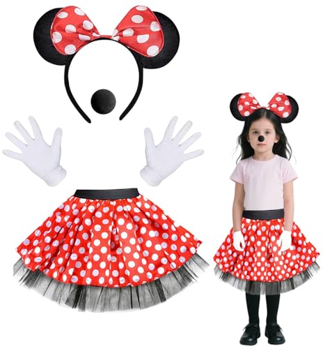 Maus-Kostüm-Set, 4-teiliges Maus-Kostüm-Zubehör, Tierohren-Haarband mit Schleife, Handschuhen, Nase und Tupfen, Tutu, Halloween, Cosplay, Geburtstagsparty, Verkleidung, Rot / Schwarz, Größe S von Generic