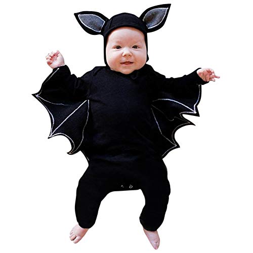 Mein erstes Halloween-Outfit, Neugeborenes Baby, Fledermaus-Cosplay-Kostüm, Kleinkind-Baby-Spielanzug, Overall, Body mit Hut, Jungen- und Mädchen-Outfit, erstes Halloween-Kleidungsset (Black, 70) von Generic