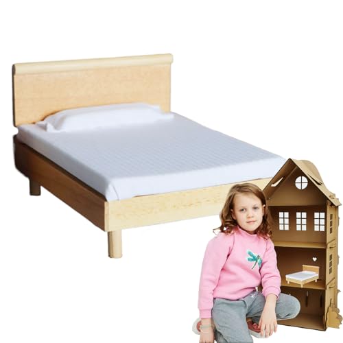 Miniatur Puppenhaus Bett | Möbelset für Kinderzimmer | Bett im Maßstab 1/12 mit Kissen und | Schlafzimmerzubehör für Bamhaus von Generic