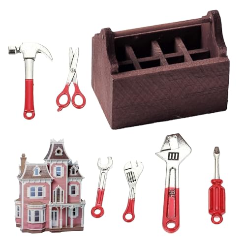 Miniatur-Werkzeugkasten für Spielzeughaus, Miniatur-Werkzeugkiste aus Holz, Werkzeugkoffer, Garagen-Zubehör, 6 Werkzeuge | Multifunktionales Werkzeugkastenmodell klein aber Miniatur-Werkzeugkasten für Spielzeughaus, Miniatur-Werkzeugkiste aus Holz, Werkzeugkoffer, Garagen-Zubehör, 6 Werkzeuge | Multifunktionales Werkzeugkastenmodell klein aber von Generic