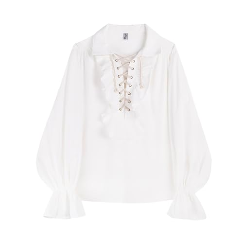 Mittelalter Hemd Herren Langram, Viktorian Rüschenhemd Herren Revers, Gothic Piratenhemd mit Kordelzug Renaissance Steampunk Hemden Viking Kleidung Leinenhemd Schnürhemd Für Halloween & Karneval von Generic