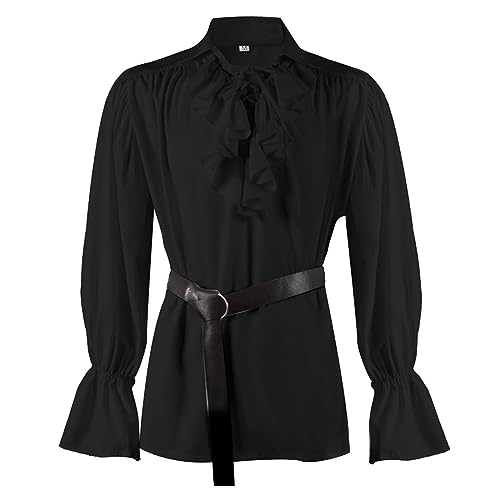 Mittelalter Hemd Herren Langram, Viktorian Rüschenhemd Herren Revers, Steampunk Piratenhemd mit Schnürung Vintage Renaissance Hemden Wikinger Kleidung Leinenhemd Schnürhemd Für Halloween & Karneval von Generic