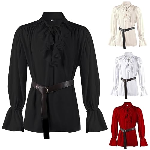 Mittelalter Hemd Herren Langram, Viktorian Rüschenhemd Herren Revers, Steampunk Piratenhemd mit Schnürung Vintage Renaissance Hemden Wikinger Kleidung Leinenhemd Schnürhemd Für Halloween & Karneval von Generic
