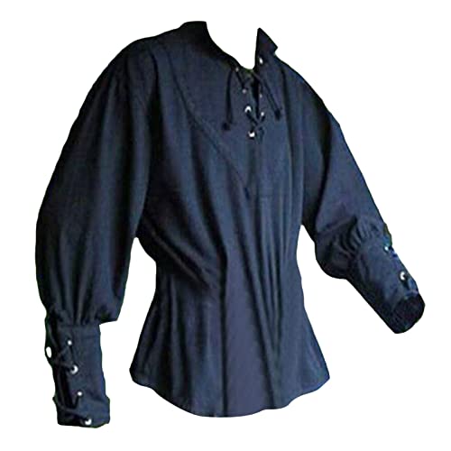 Mittelalter Hemd Herren Langram Viktorian Rüschenhemd Kein Gürtel Steampunk Piratenhemd mit Schnürung Vintage Renaissance Hemden Wikinger Kleidung Freizeithemd Schnürhemd für Halloween von Generic