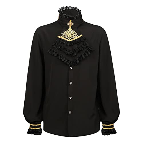 Mittelalter Hemd Herren Schwarz, Viktorian Rüschenhemd Herren Langarm, Steampunk Piratenhemd Stehkragen mit Knöpfe Renaissance Hemden Wikinger Kleidung Leinenhemd Schnürhemd Für Halloween & Karneval von Generic