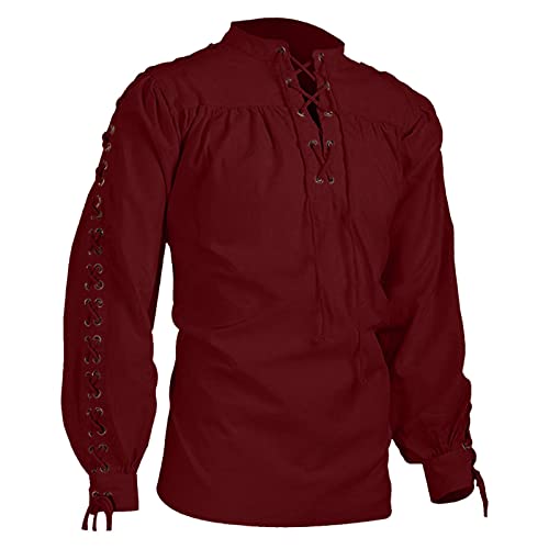 Mittelalter Hemd Herren Übergröße Renaissance Hemd Schnürung Piratenhemd Cosplay Kostüm Viktorianisch Steampunk Shirt Lose Fit Langarm Leinen Hemd Halloween Karneval Kleidung von Generic