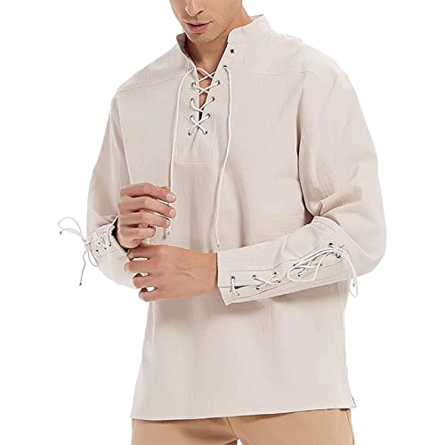 Mittelalter Hemd Herren mit Kordelzug, Viktorian Rüschenhemd Herren Stehkragen, Steampunk Gothic Piratenhemd Einfarbig Renaissance Hemden Viking Kleidung Leinenhemd Schnürhemd Für Halloween & Karneval Mittelalter Hemd Herren mit Kordelzug, Viktorian Rüschenhemd Herren Stehkragen, Steampunk Gothic Piratenhemd Einfarbig Renaissance Hemden Viking Kleidung Leinenhemd Schnürhemd Für Halloween & Karneval von Generic