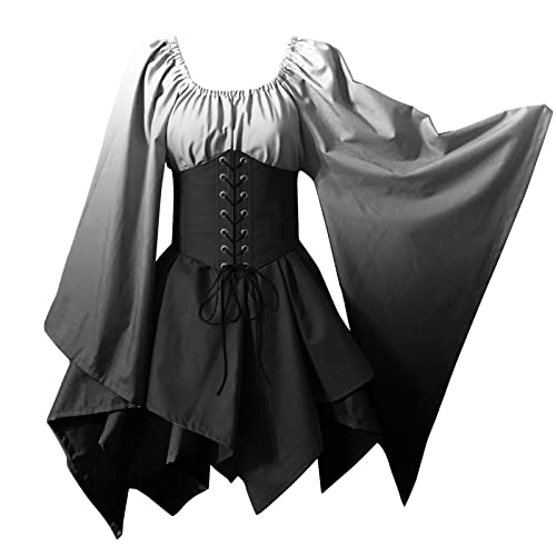 Mittelalter Kleid Damen Renaissance Kleid Traditionelles Irisches Kurz Kleid Mittelalter Renaissance Kostüm Trompetenärmel Vintage KurzKleid mit Korsett für Halloween Cosplay Karneval Kostüm von Generic
