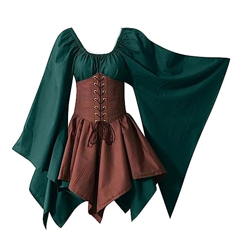 Mittelalter Kleid Damen Renaissance Kleid Traditionelles Irisches Kurz Kleid Mittelalter Renaissance Kostüm Trompetenärmel Vintage KurzKleid mit Korsett für Halloween Cosplay Karneval Kostüm von Generic