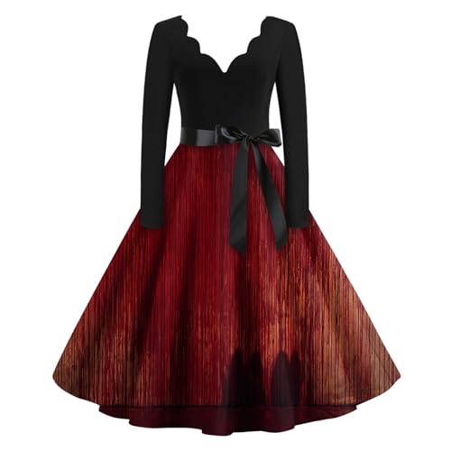 Mittelalter Kleidung Damen Generisch Elegant Midikleid Cosplay Mystisch Halloween Swing Kleid Zeitgemäß Vintage Hexenkleider Dramatisch Blutige Kleider Lässiges Locker Freizeitkleid(2-Vermilion,M) von Generic