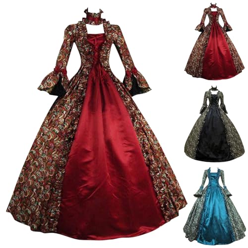 Mittelalter Kostüm für Damen, Renaissance Viktorianisches Kleid, Mittelalter Kleidung Accessoires mit Ausgestellten Ärmeln und Hoher Taille, Gothic Retro Kleid Karneval Halloween (Rot, L) von Generic