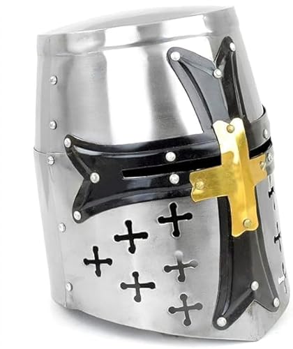 Mittelalterlicher Tempelkreuzritter-Ritter-Rüstungshelm mit Kreuz, griechisch-römischer spartanischer Rüstungszubehör, Silber-Gold-Helm A+, tragbar für Erwachsenenkostüme, SCA LARP, Cosplay von Generic