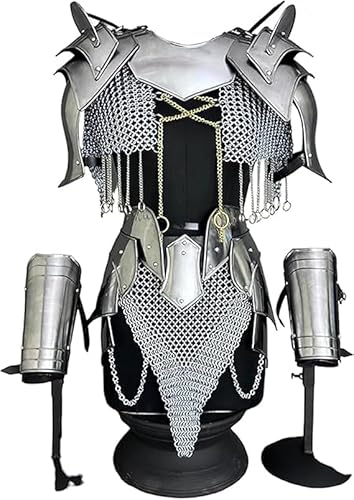 Mittelalterliches Fantasie-Rüstungs-Set für Damen, mit Kettenhemd, Schulterplatten und Armschutz, Silber, Größe S von Generic