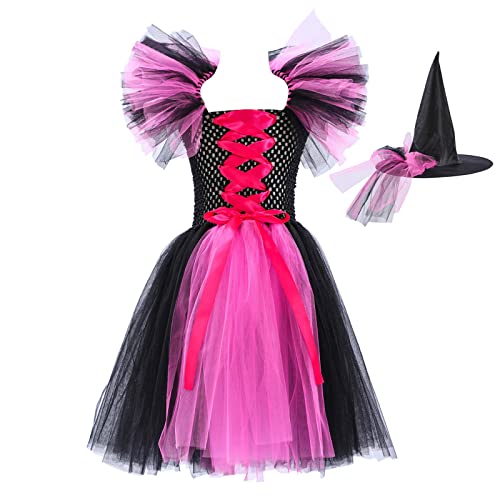 Mittelalterliches Kostüm für Mädchen – Kleinkind Baby Mädchen Wunderschöne Hexe Halloween Kostüm Kleid schwarz mit Hut Tutu Kleid Cosplay Party Kleider aus Tüll Trenchcoat Rosa von Generic