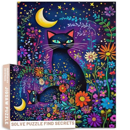 Mondschein-Katzen-Puzzle, Naive Kunst, Acrylfarben, skurrile Sterne, 50 x 70 cm, Nachtgarten, 1000 Teile Mondschein-Katzen-Puzzle, Naive Kunst, Acrylfarben, skurrile Sterne, 50 x 70 cm, Nachtgarten, 1000 Teile von Generic