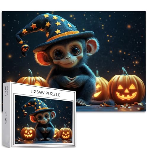 Monkey Cub Zaubererhut, 1000 Teile, Halloween-Puzzle, Erwachsene, Anfänger, Sternennacht, leuchtende Kürbisse, Familienaktivität, 68 x 50 cm von Generic