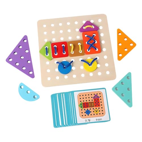 Motivblöcke aus Holz, Schuhschnürung, Puzzle mit Seilschnalle zum Einfädeln, Lernspielzeug für Reisen, mit 20 Karten für die Vorschulerziehung Intelligenz-SEMs von Generic