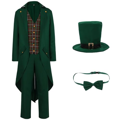 Neu 2025 Herren Steampunk Tuxedo, Gothic Frack Herren Inkl. Hut Fliege Hose, Mode Grün Mantel Mittelalter Gehrock Viktorianischenn Hof Anzug Elegant Jacke Theater Performance-Kleidung Halloween Outfit von Generic