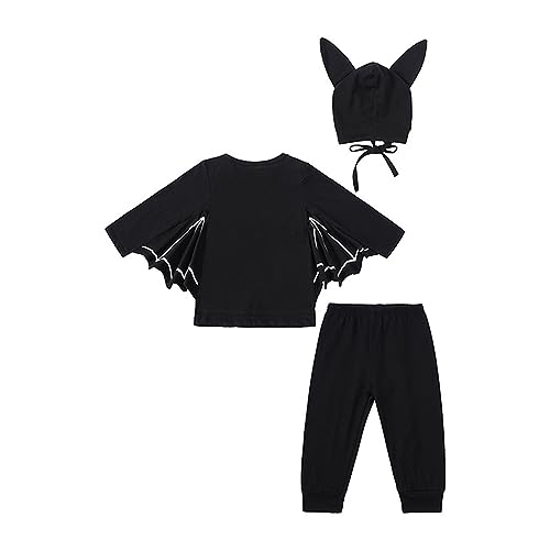 Neugeborenen Baby Fledermaus Kostüm Tops mit Flügel + Hosen + Hut Outfits 3PCS Kleidung Set Baby Jungen Mädchen Halloween Fledermaus Cosplay Kostüm (Black, 6-7 Years) von Generic