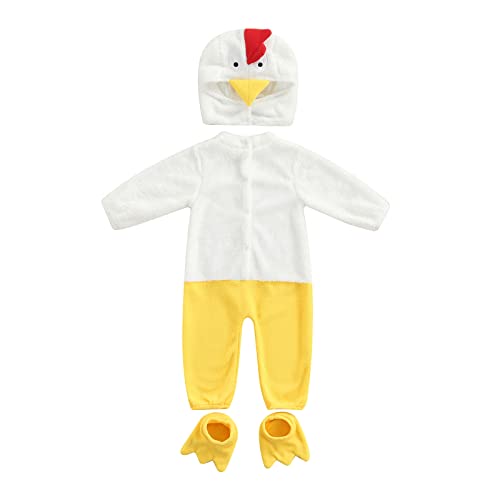 Neugeborenes Baby Huhn Kostüm Halloween Reißverschluss Hodded Jumpsuit mit Hut und Schuhe Set Kleinkind Cosplay Outfit (Yellow White, 12-18 Months) von Generic