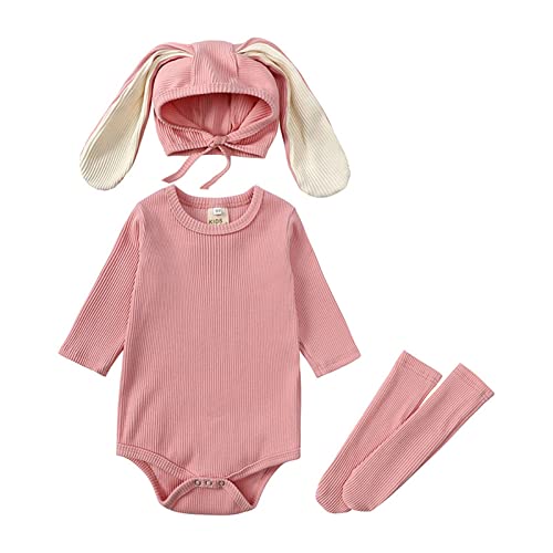 Neugeborenes Baby Mädchen Hase Outfits Gerippter Body Strampler mit langem Hasenohr Hut Socken Kleidungsset Kostüm Größe 80 (Pink, 3-6 Months) von Generic