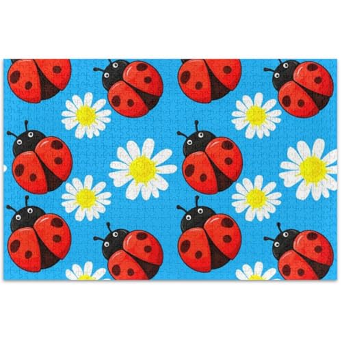 Niedliche Marienkäfer Gänseblümchen Blumen Blau 500 Teile Puzzle für Erwachsene Fine Art Malerei Buntes Puzzle Familie Weiß Elefant Geschenke, 500 Stück von Generic