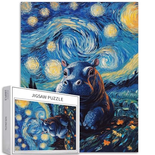 Niedliche kleine Nilpferd 1000 Teile Puzzle für Erwachsene Van Gogh Sternennacht Stil Kunst Puzzle Bunte DIY Puzzle für Heimtextilien Geschenke Familie Puzzle perfekt für von Generic