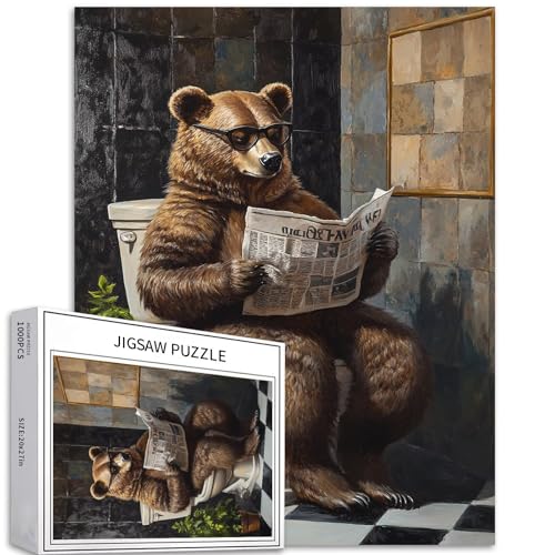 Niedlicher Bär auf der Toilette, Puzzle für Erwachsene, 1000 Teile, lustiges Tier, nordisches Badezimmer-Kunst-Puzzle, bunte DIY-Puzzles für Heimdekoration, Geschenke, Familienpuzzle, perfekt für von Generic