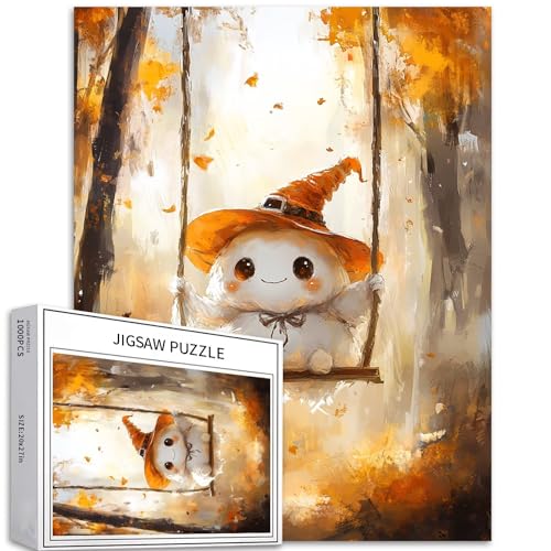 Niedlicher Geist auf der Schaukel, 1000-teiliges Puzzle für Erwachsene, Herbstblätter, Wald, Hintergrund, Kunst-Puzzle, bunte DIY-Puzzles für Heimdekoration, Geschenke, Familienpuzzle, perfekt für von Generic