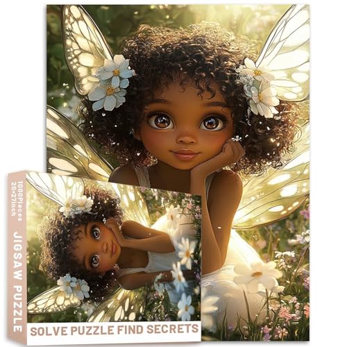 Niedliches Feen-Puzzle, weißes Kleid, Blumenfeld, 1000 Teile, 50 x 70 cm, lockiges Haar, braune Augen, zarte Flügel, Naturszene Kunst von Generic