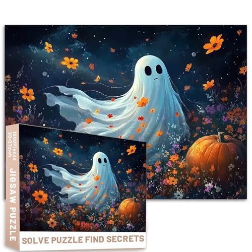 Niedliches Geister-Puzzle, Kürbisblumen, Puzzle, 1000 Teile, Cartoon, 68,6 x 50,8 cm, fröhliche Halloween-Kunst, anspruchsvolle Familienaktivitäten, buntes DIY-Bastelpuzzle für Heimdekoration von Generic