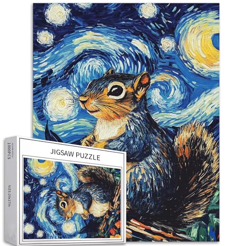 Niedliches kleines Eichhörnchen, 1000-teiliges Puzzle für Erwachsene, Van Gogh, Sternennachtstil, Kunst-Puzzle, herausfordernde Familienaktivitäten, buntes DIY-Bastelpuzzle für Heimdekoration, von Generic