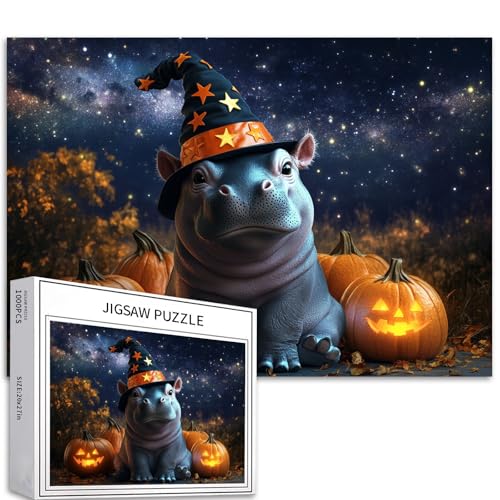 Nilpferd Baby Zauberer Hut Halloween 1000 Teile Puzzle Erwachsene Anfänger Leuchtende Kürbisse Sternennacht Pädagogisches Familienspiel 27x20 Zoll von Generic