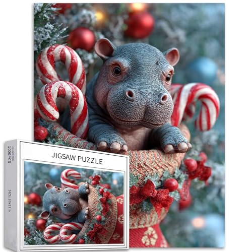 Nilpferd im Weihnachtsstrumpf 1000 Teile Puzzle für Erwachsene, Weihnachtsdekoration, Kunst-Puzzle, herausfordernde Familienaktivitäten, buntes Bastelpuzzle für Heimdekoration, Geschenke, 50,8 x 68,6 von Generic