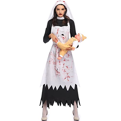 Nonnen Kostüm Nonne Kleid mit Haube Faschingskostüme Damen Cosplay Gebetskleidung für frauen Kleid mit Hut Halloween Vampir Kostüm Damen von Generic