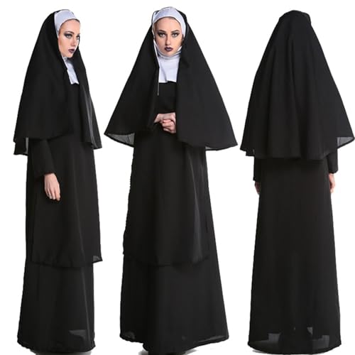 Nonnen Kostüm Nonne Kleid mit Haube Faschingskostüme Damen Cosplay Gebetskleidung für frauen Kleid mit Hut Halloween Vampir Kostüm Damen von Generic