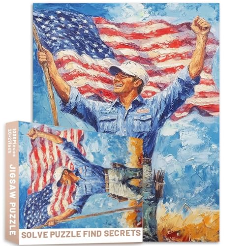 Ölgemälde-Puzzle, Arbeiter mit Flagge, amerikanische Landschaft, dicke Textur, Kunst, 68 x 50 cm, 50 x 70 cm, hell, 8 K, glatt, hohe Detaillierung, hyper Qualität, hohe Auflösung, 1000 Teile Ölgemälde-Puzzle, Arbeiter mit Flagge, amerikanische Landschaft, dicke Textur, Kunst, 68 x 50 cm, 50 x 70 cm, hell, 8 K, glatt, hohe Detaillierung, hyper Qualität, hohe Auflösung, 1000 Teile von Generic