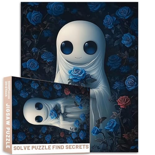 Ölgemälde-Puzzle, Motiv: Geisterrosen, blaue Blumen, 68,6 x 50,8 cm, Cartoon-Charakter, Halloween-Kunst, Erwachsene, bunt, DIY-Puzzles für Heimdekoration, Geschenke, Familienpuzzle, perfekt für von Generic