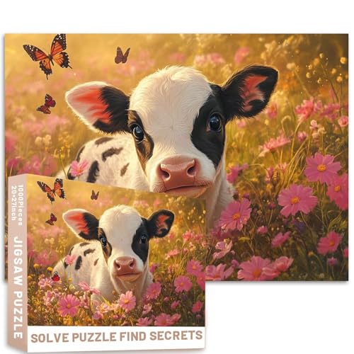 Ölgemälde-Puzzle, schwarz-weiß, Babykalb, rosa Blumen, Wiese, Schmetterlinge, 68,6 x 50,8 cm, bunt, DIY-Puzzle, Heimdekoration, Geschenke, Familienpuzzle, perfekt für Spielabende, 1000 Teile Ölgemälde-Puzzle, schwarz-weiß, Babykalb, rosa Blumen, Wiese, Schmetterlinge, 68,6 x 50,8 cm, bunt, DIY-Puzzle, Heimdekoration, Geschenke, Familienpuzzle, perfekt für Spielabende, 1000 Teile von Generic