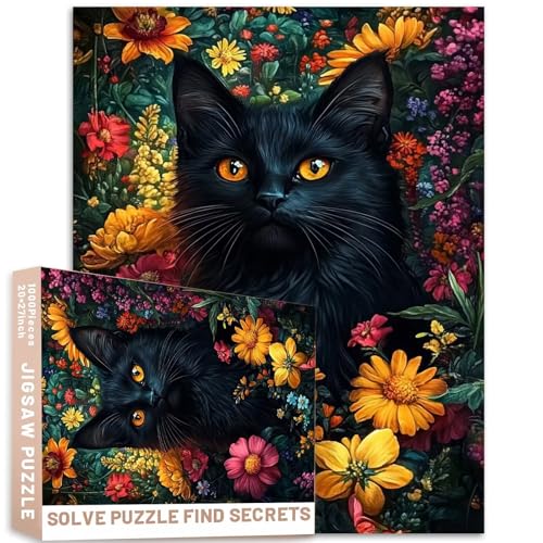 Ölgemälde-Stil, 1000-teiliges Puzzle, schwarze Katze, lebendige Blumen, aufwendige Pinselarbeit, 68 x 50 cm Ölgemälde-Stil, 1000-teiliges Puzzle, schwarze Katze, lebendige Blumen, aufwendige Pinselarbeit, 68 x 50 cm von Generic