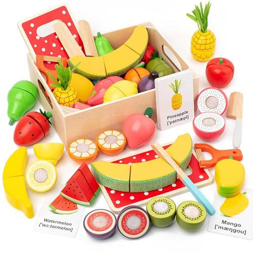 Obst- und Gemüse-Set aus Holzspielzeug und tragbar, mit Lernkarten, interaktives Spielset, langlebig, Küchenzubehör für den Garten Obst- und Gemüse-Set aus Holzspielzeug und tragbar, mit Lernkarten, interaktives Spielset, langlebig, Küchenzubehör für den Garten von Generic