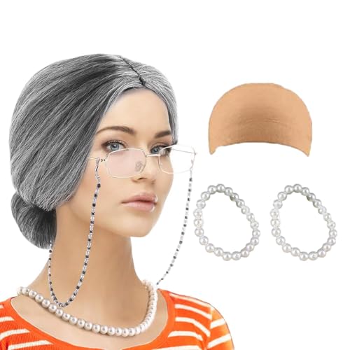 Old Lady Kostüm Set-100 Tage Schul Oma Perücken Kostüm-Set, Halskette Cosplay-Kostümverkauf, Kinderkostüm für Frauen und Mädchen (7-teiliges Set/9-teiliger Set) von Generic