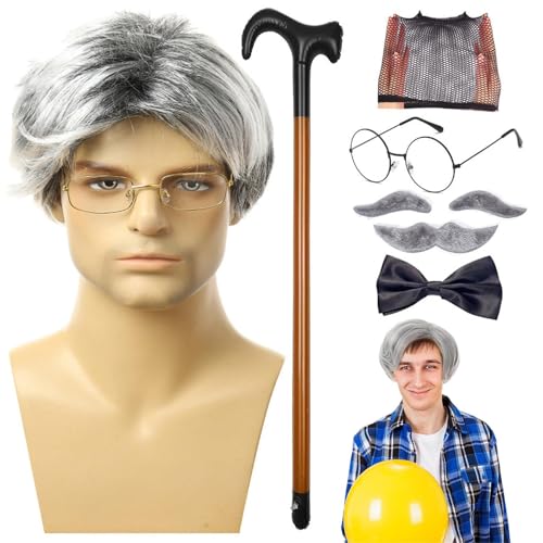 Old Man Cosplay, Großfarskostym für Männer Erwachsene Größe - 8pcs/Set Farfarkostym für Männer Erwachsene Größe - Cane Brillen Faux Augenbrauen Fliege Perücke Cap Großvater Perücke für Halloween Old Man Cosplay, Großfarskostym für Männer Erwachsene Größe - 8pcs/Set Farfarkostym für Männer Erwachsene Größe - Cane Brillen Faux Augenbrauen Fliege Perücke Cap Großvater Perücke für Halloween von Generic