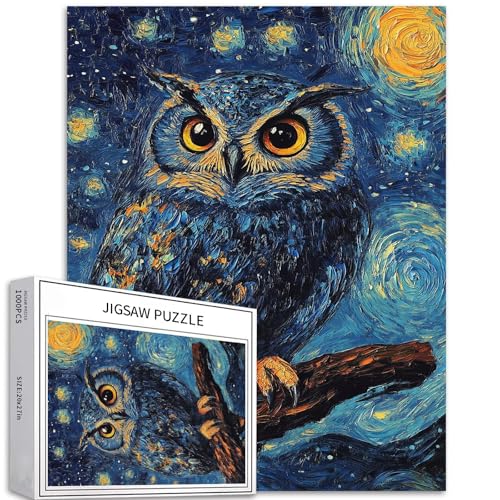 Owl on a Branch 1000 Stück Puzzle-Erwachsene Van Gogha Sternennacht Stil Art Puzzle anspruchsvoll Familienaktivität Spiele Bunte Handwerk Puzzle für Home Dekoration Geschenke 50 x 70 cm von Generic
