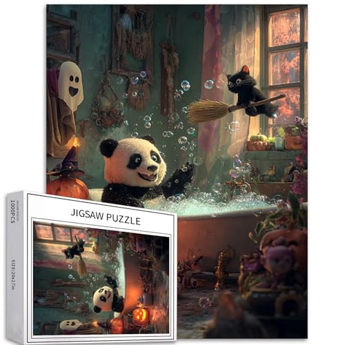 Panda im Schaumbad, 1000-teiliges Puzzle für Erwachsene, schwarze Katze auf Besen, Kunst-Puzzle, herausfordernde Familienaktivitäten, buntes Bastelpuzzle für Heimdekoration, Geschenke, 50,8 x 68,6 cm von Generic