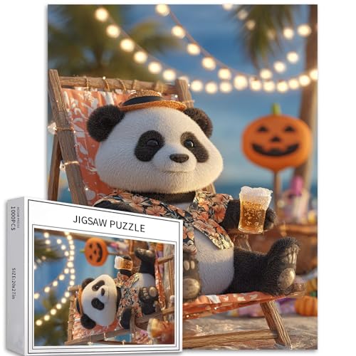 Panda sitzend auf einem Rattanstuhl, 1000-teiliges Puzzle für Erwachsene, Halloween, magische Atmosphäre, Puzzle, herausfordernde Familienaktivitäten, buntes Bastelpuzzle für Heimdekoration, Geschenke von Generic