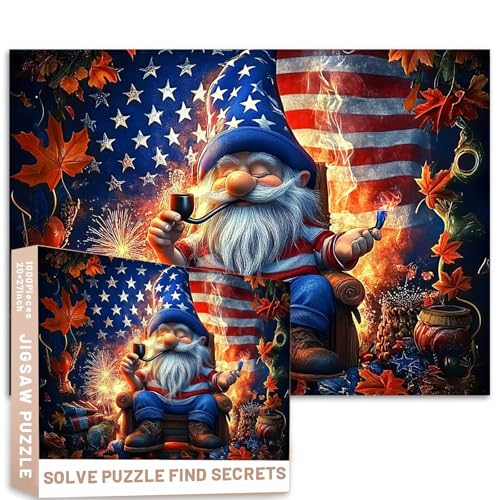 Patriotisches Zwergen-Puzzle, 1000 Stück, amerikanische Flagge, Kunst, 68,6 x 50,8 cm, Feuerwerk, Pfeife, Rauchen, Dekoration, anspruchsvolle Familienaktivitäten, Spiele, bunt, Bastelpuzzle für von Generic