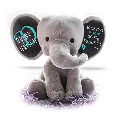 Personalisierte Geschenke Baby Elefant Junge Kuscheltier Mädchen Plüsch Geschenkidee zur Geburt & Taufe personalisiert mit Namen Geburtsdaten Taufspruch (Grau) von Generic