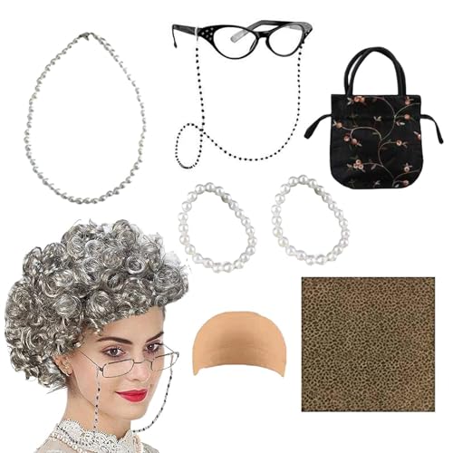Perücke für ältere Frauen für Kinder – Oma-Kostümset, Großmutter-Outfit für Kinder | Oma-Outfit zum 100. Schultag | Alte Dame-Cosplay-Perücke für Rollenspiele, perfektes 100-Jähriges-Kostüm-Geschenkse Perücke für ältere Frauen für Kinder – Oma-Kostümset, Großmutter-Outfit für Kinder | Oma-Outfit zum 100. Schultag | Alte Dame-Cosplay-Perücke für Rollenspiele, perfektes 100-Jähriges-Kostüm-Geschenkse von Generic