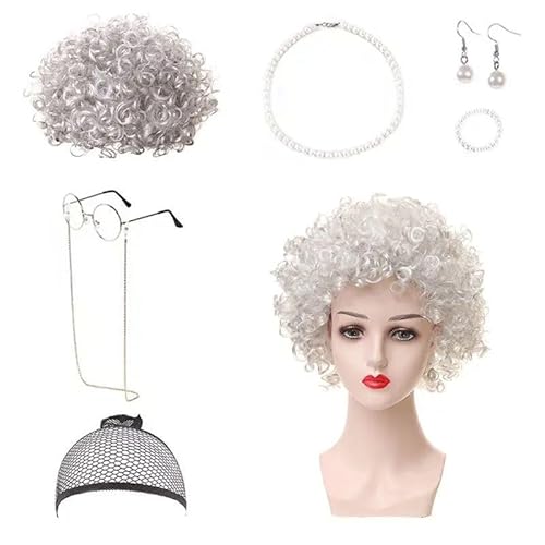 Perückenkostüm-Set für alte Dame, Oma-Perücke, altes Damenkostüm-Set, Zubehör für ältere Frauen, Spaß, Kunstperlen-Halskette, Armband, Ohrringe, Oma für Halloween, Cosplay (A) von Generic
